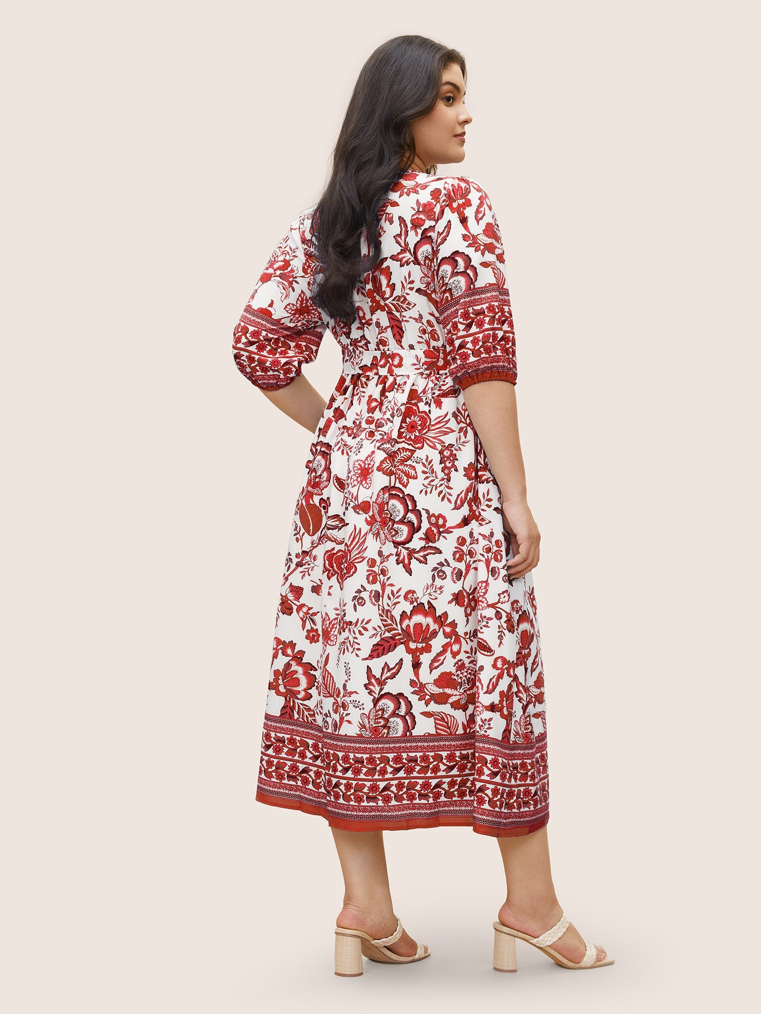 Bandana Print Surplice Neck Lantern Sleeve Pocket Belted Midi Dress