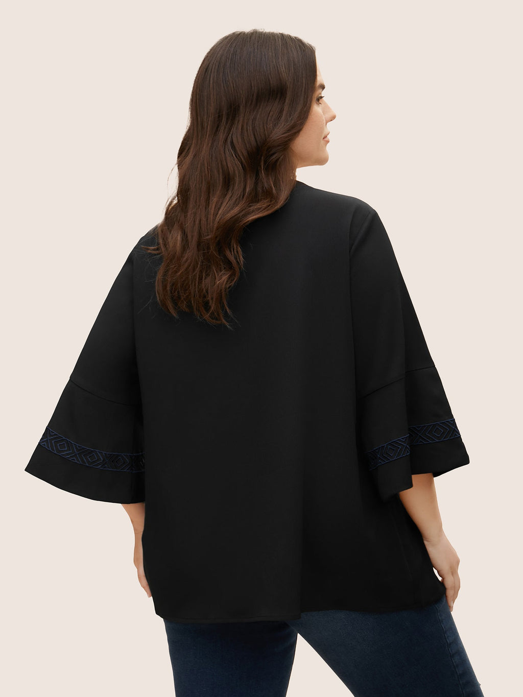 Boho Print Embroidered Gathered Notched Blouse