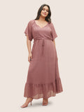 Solid Striped Notched Ties Up Pocket Flutter Maxi Dress