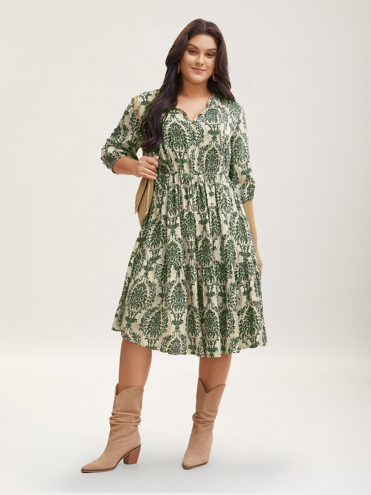 Boho Print Tie Knot Puff Sleeve Dress