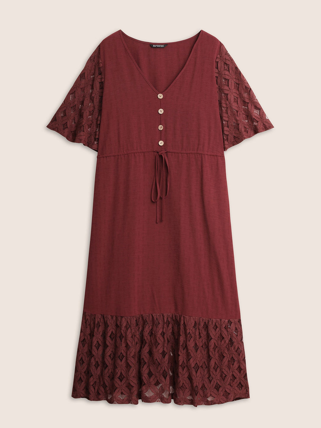 Crochet Lace Mesh Button Detail Drawstring Dress