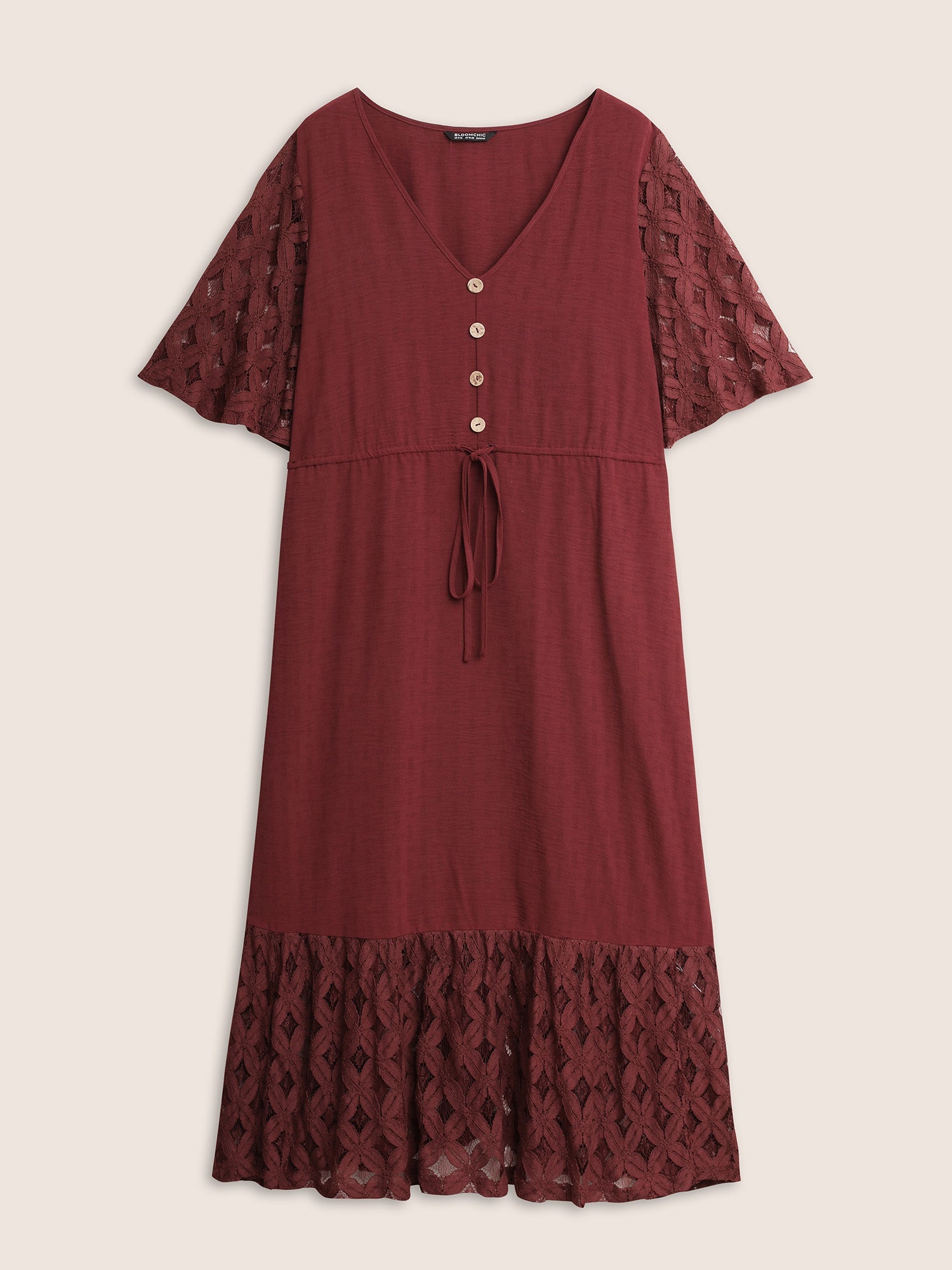 Crochet Lace Mesh Button Detail Drawstring Dress