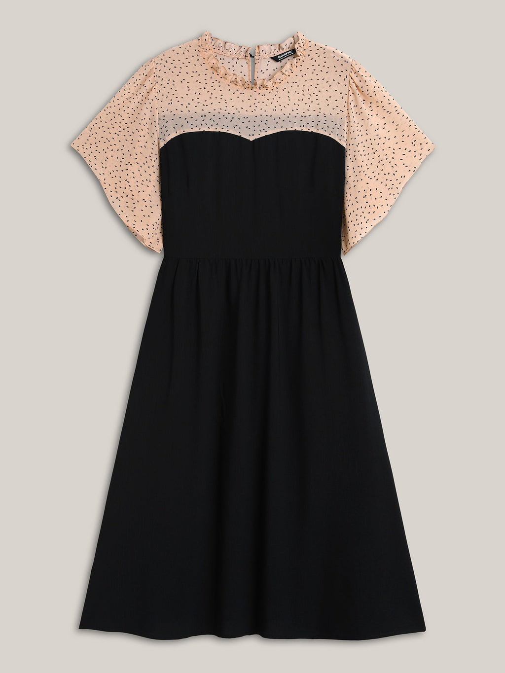 Round Ruffled Neck Color Contrast Midi Dress