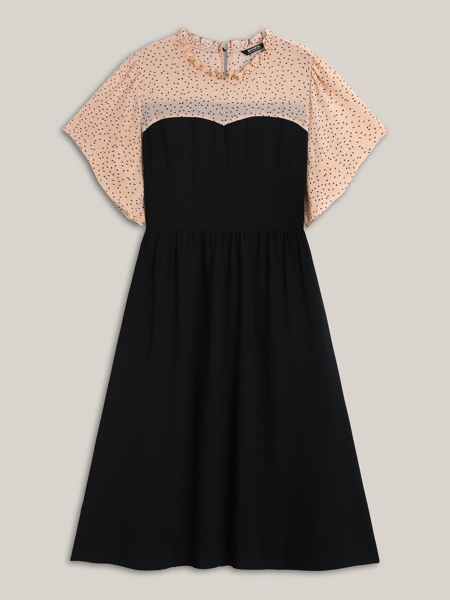 Round Ruffled Neck Color Contrast Midi Dress
