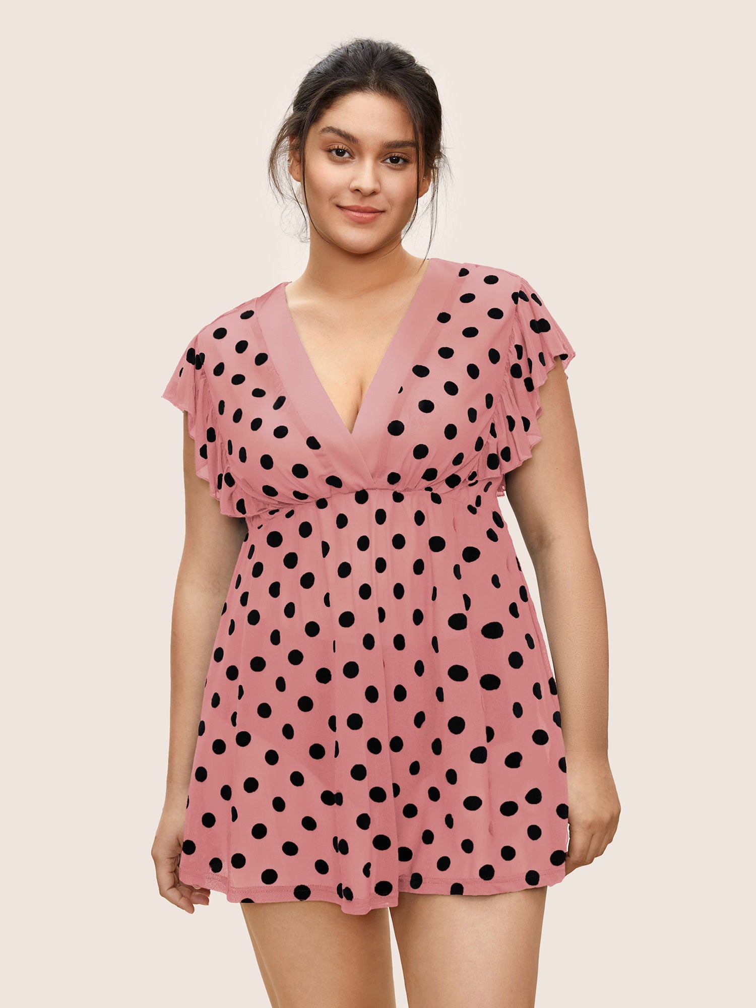 Polka Dot Mesh Ruffle Cap Sleeve Sleep Dress
