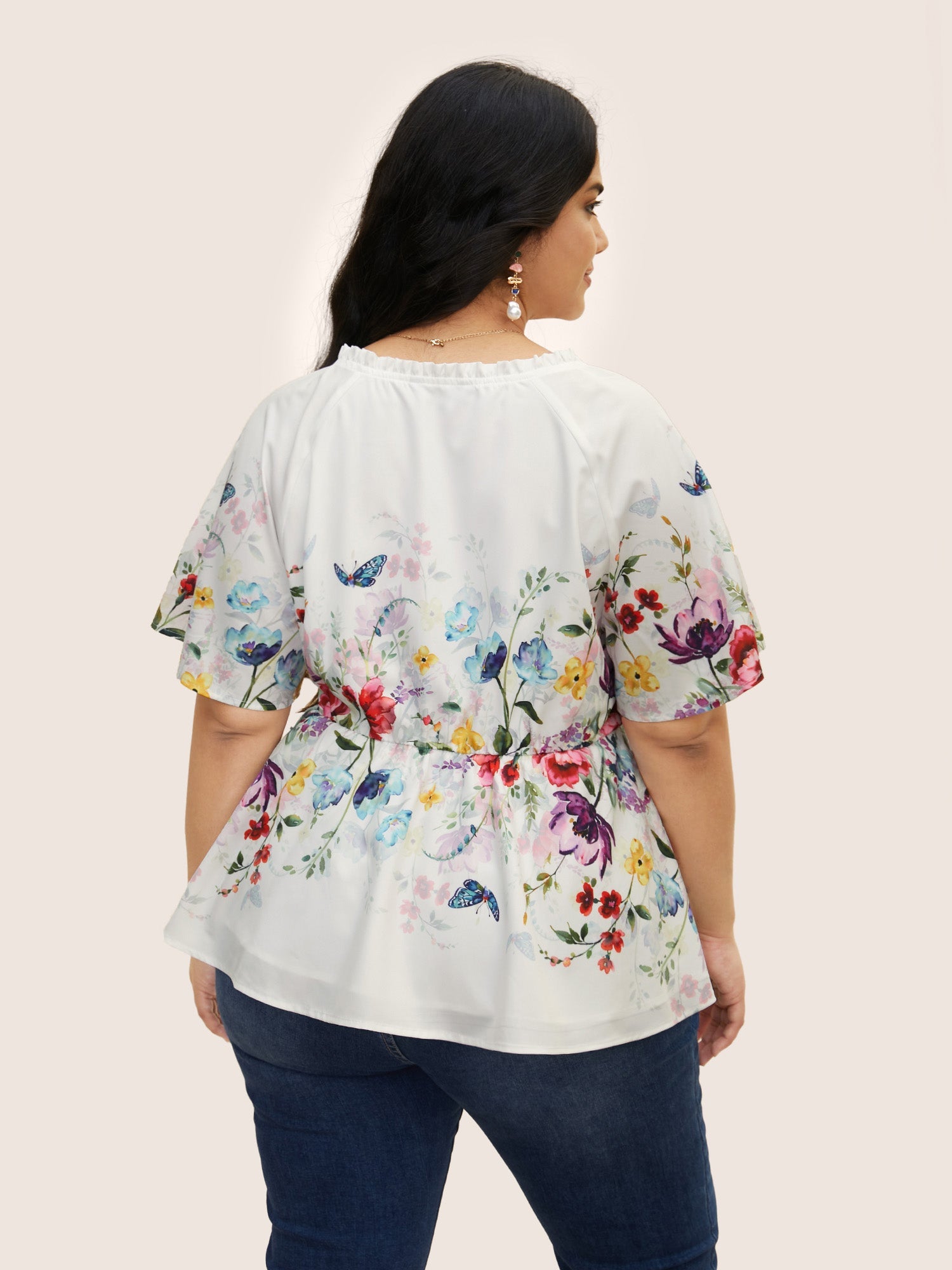 Floral Flat Collar With V Notch Frill Trim Blouse