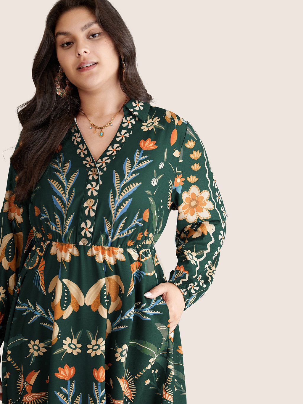 Bandana Print Pocket Lapel Collar Elastic Cuffs Dress