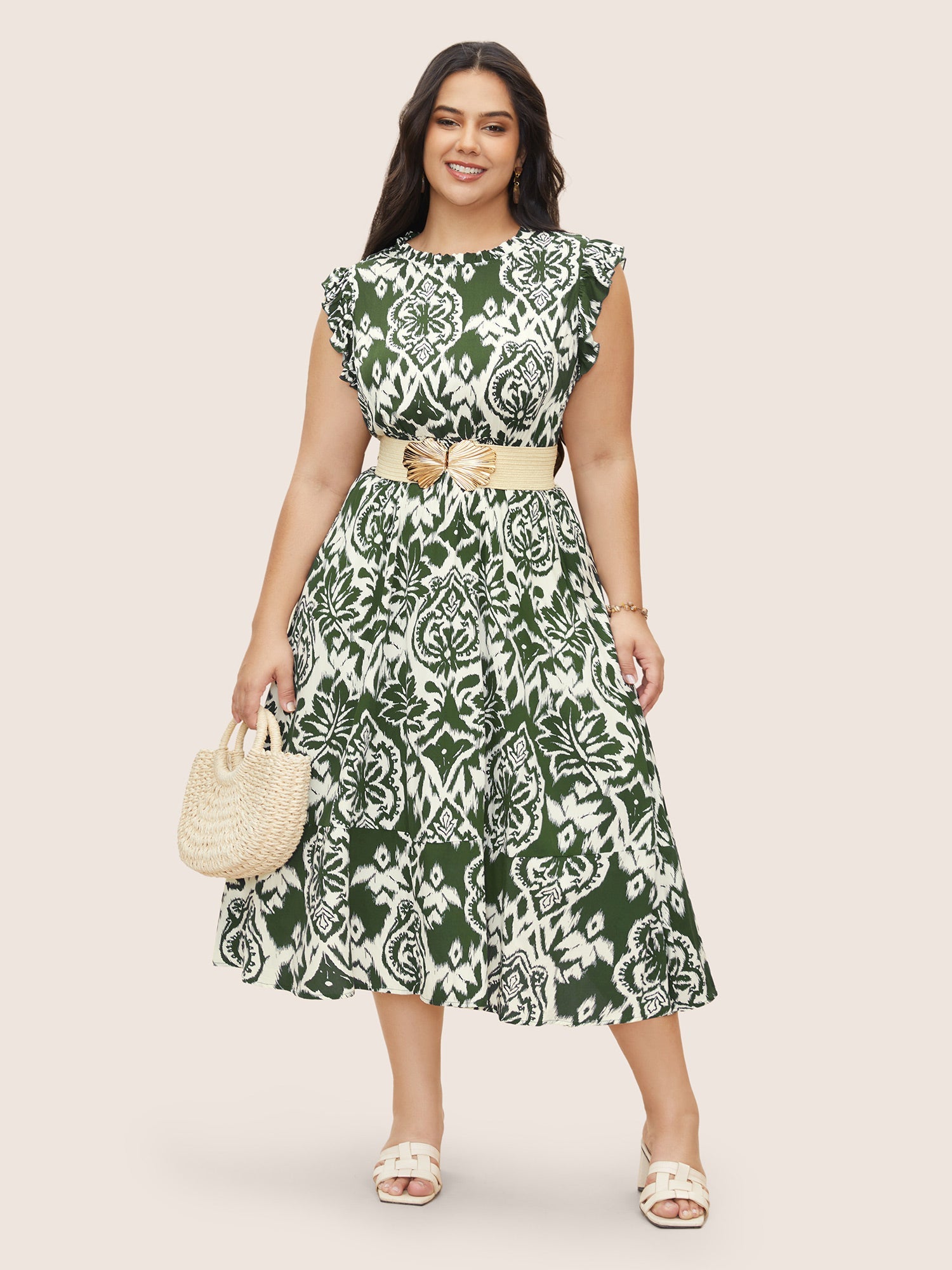 Boho Print Mock Neck Shirred Ruffle Cap Sleeve Dress