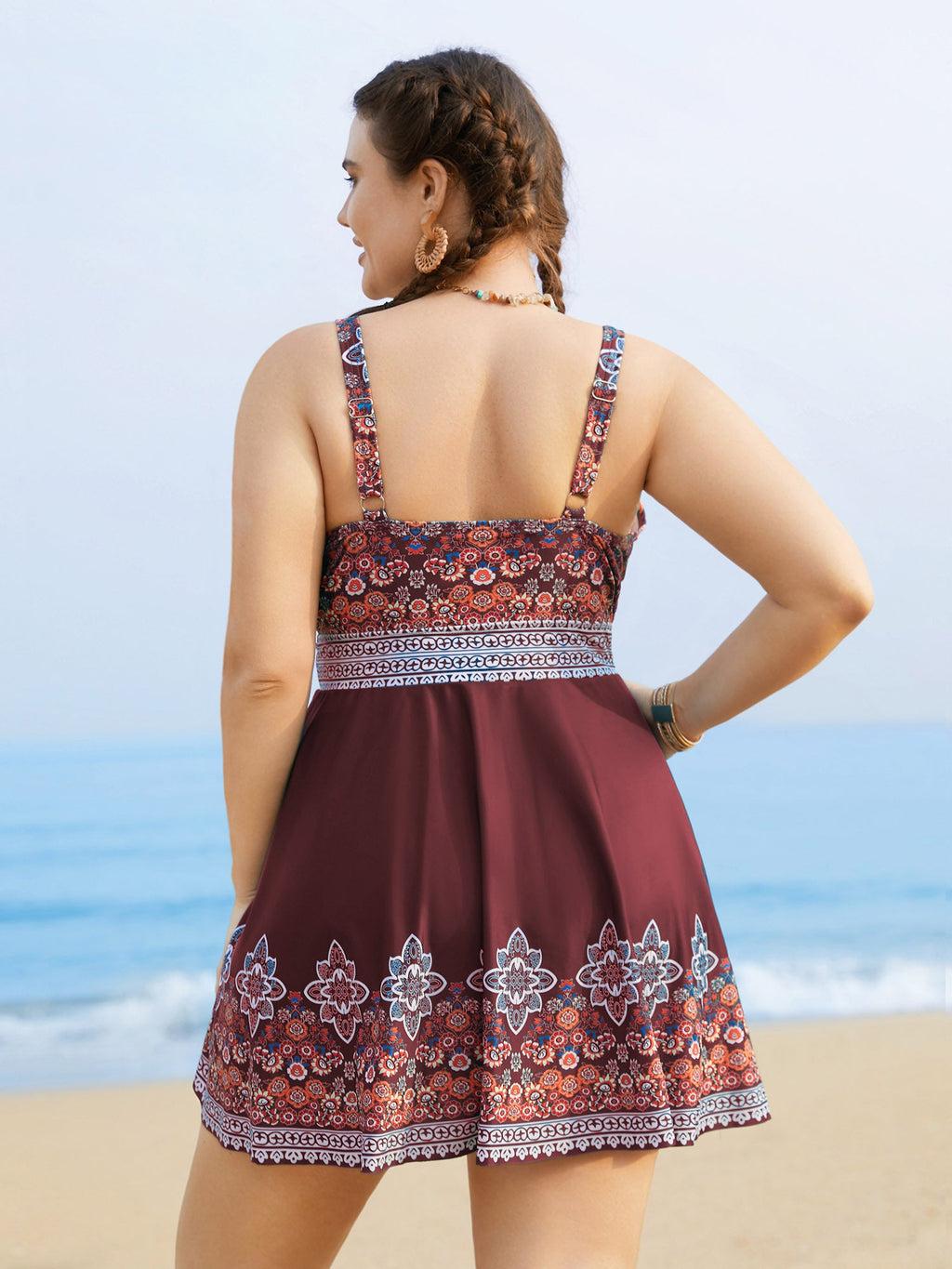 Boho Print Surplice Neck Adjustable Swim Dress