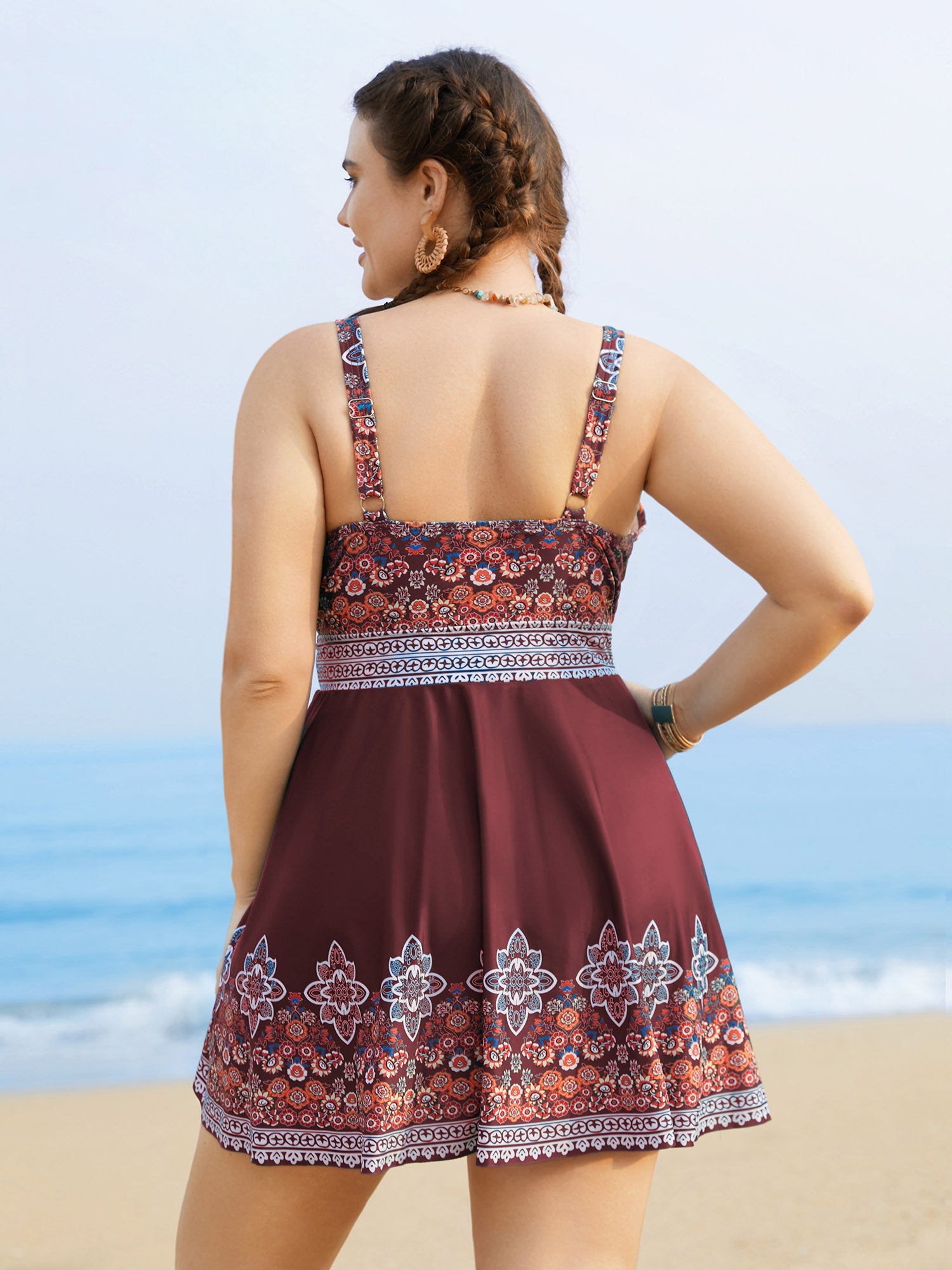 Boho Print Surplice Neck Adjustable Swim Dress