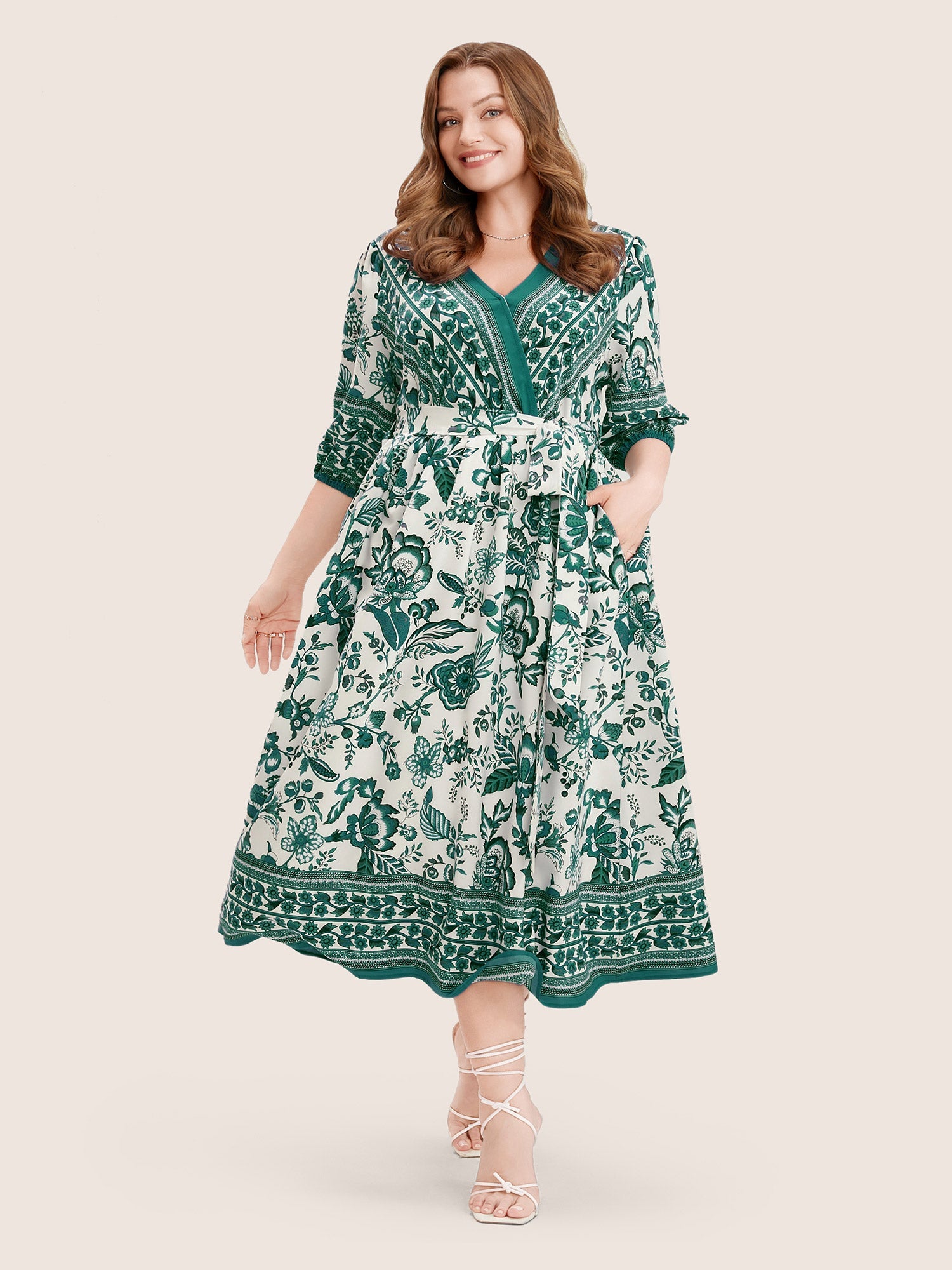 Bandana Print Surplice Neck Lantern Sleeve Pocket Belted Midi Dress