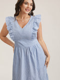 Ruffled Striped Print Triangular Waist Midi Dress