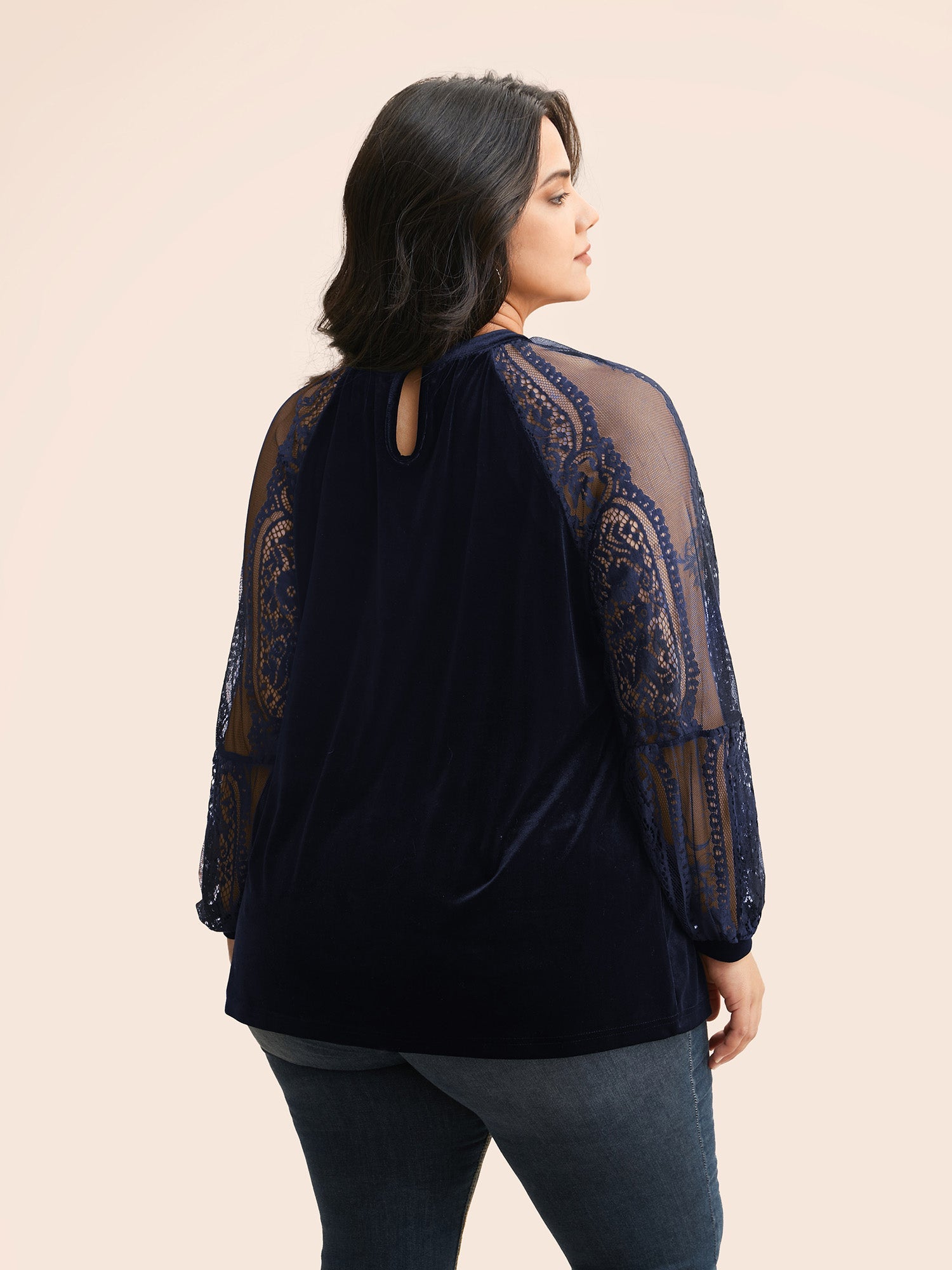 Lace Patchwork Velvet Raglan Sleeve Blouse