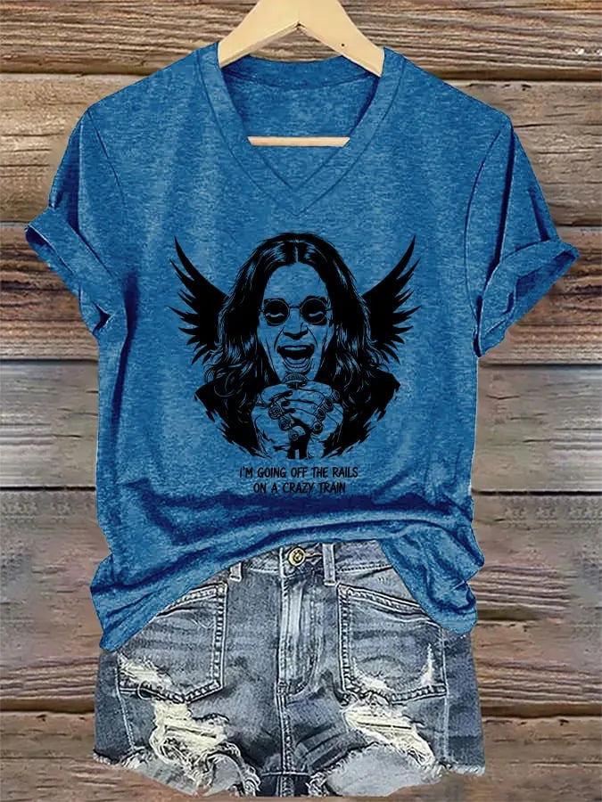 V-Neck Retro Rip Prince Of Darkness I'm Going Off The Rails On A Crazy Train Print T-Shirt