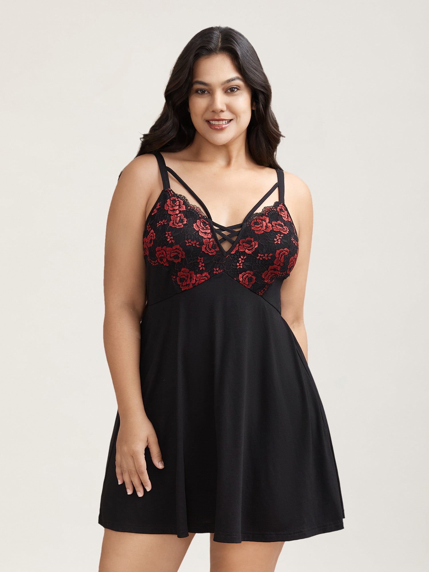 Floral Lace Spliced Neck Tie Sleep Dress