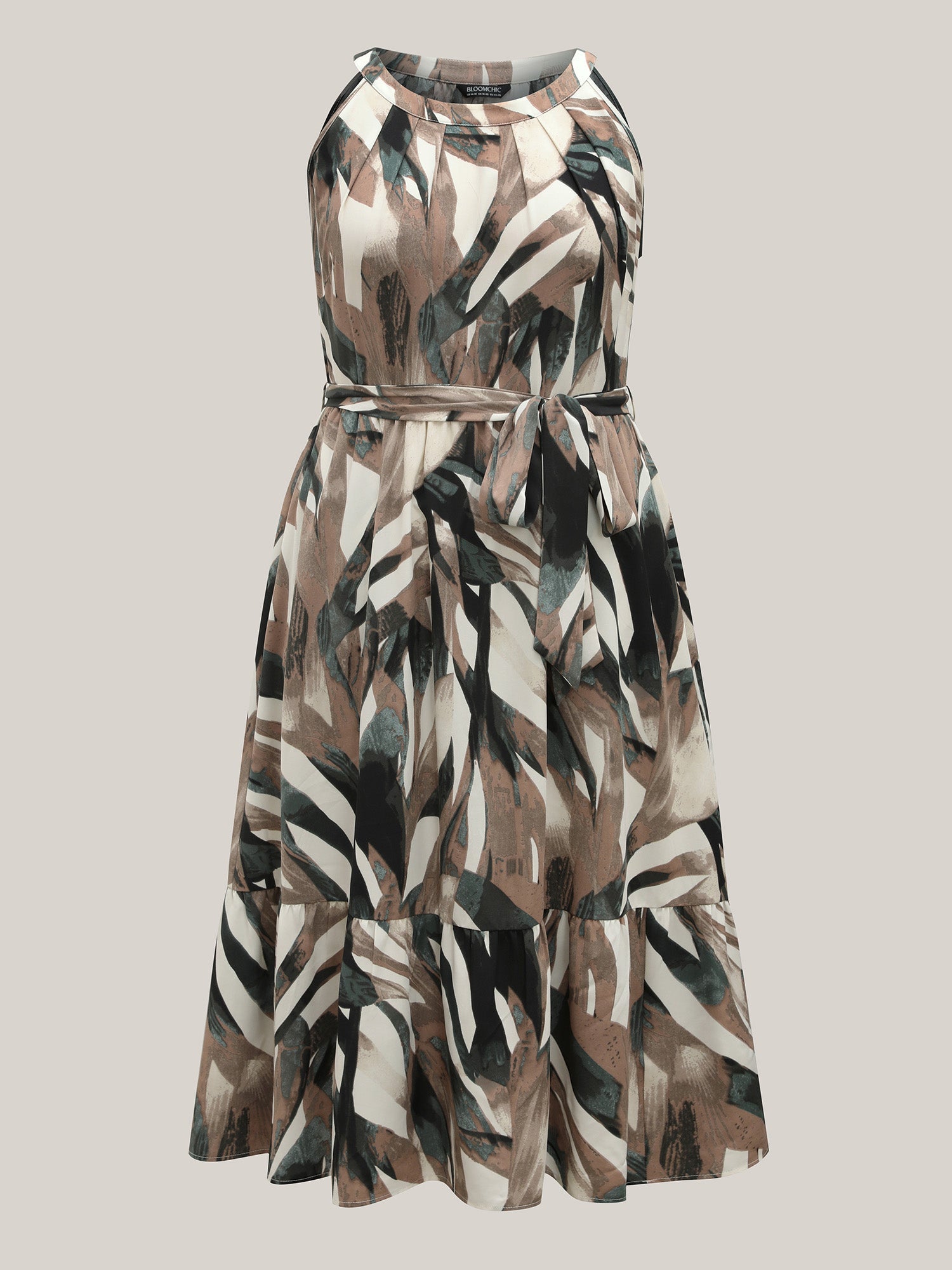 Leaf Print Halter Neck Tiered Midi Dress