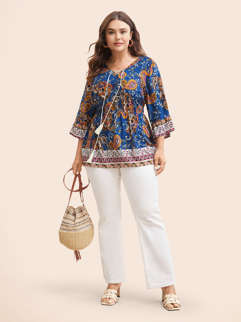 Boho Print Tie Knot Tassels Crisscross Blouse