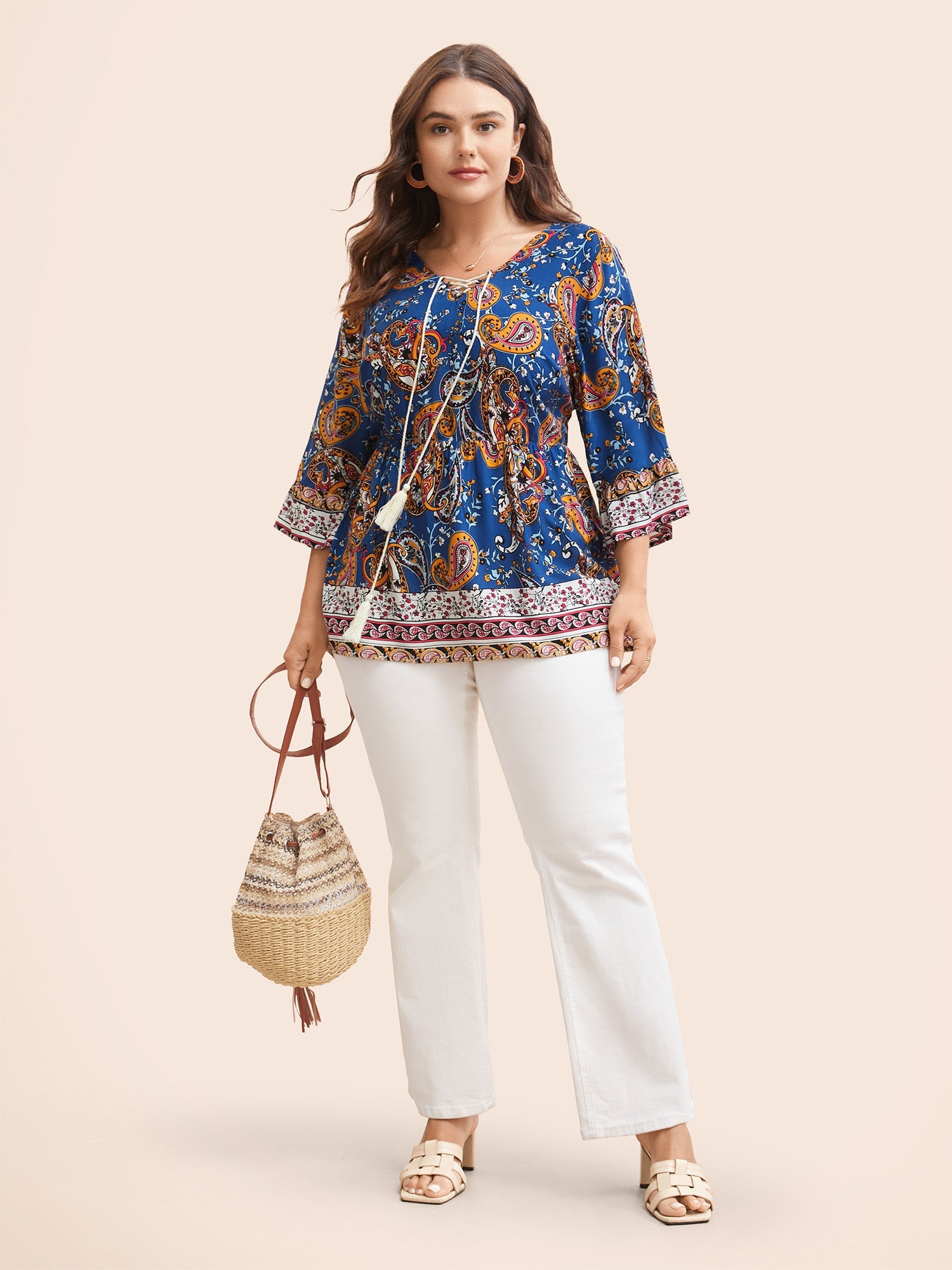 Boho Print Tie Knot Tassels Crisscross Blouse