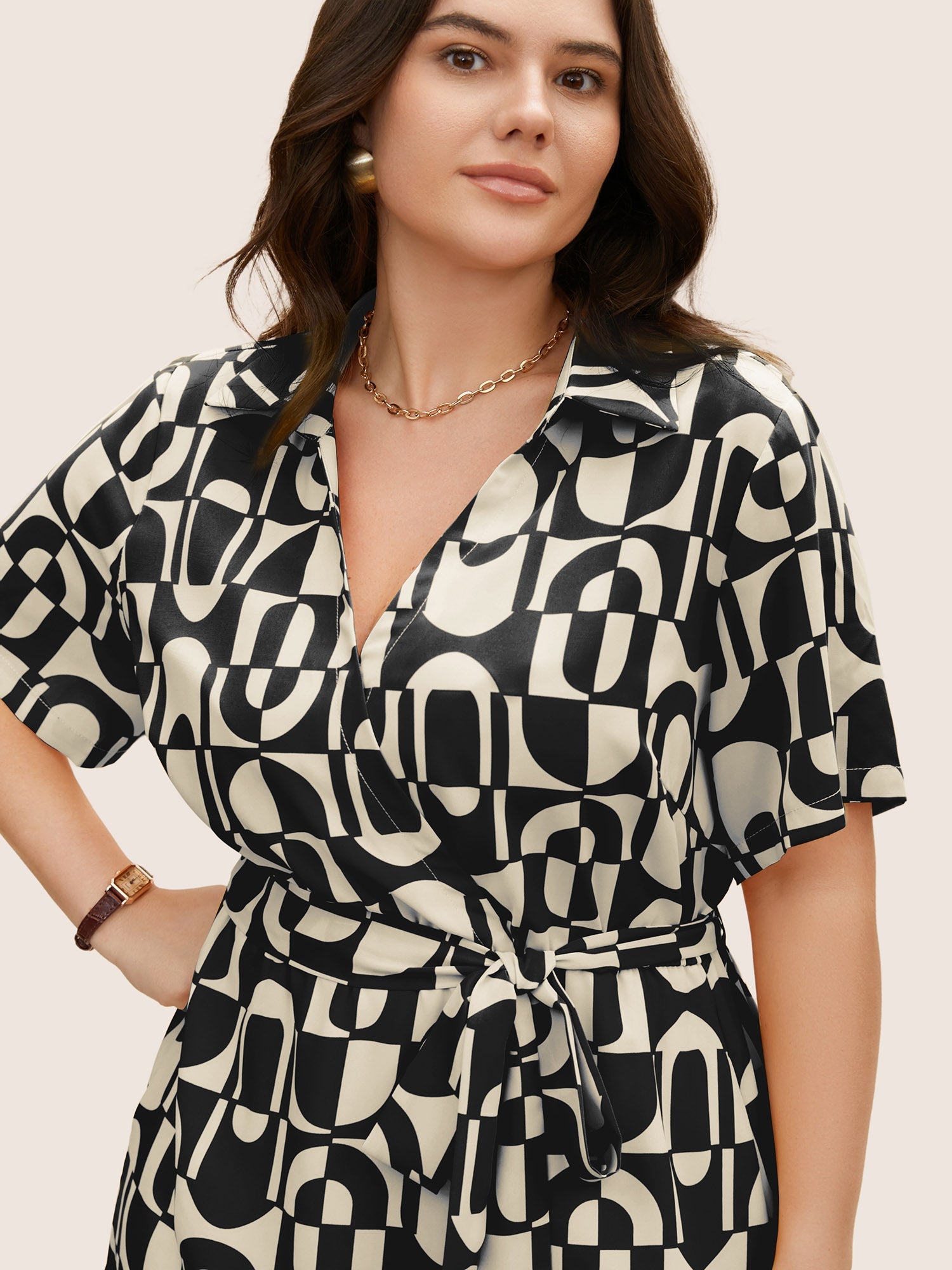 Overlap Collar Geometric Belted Midi Dress