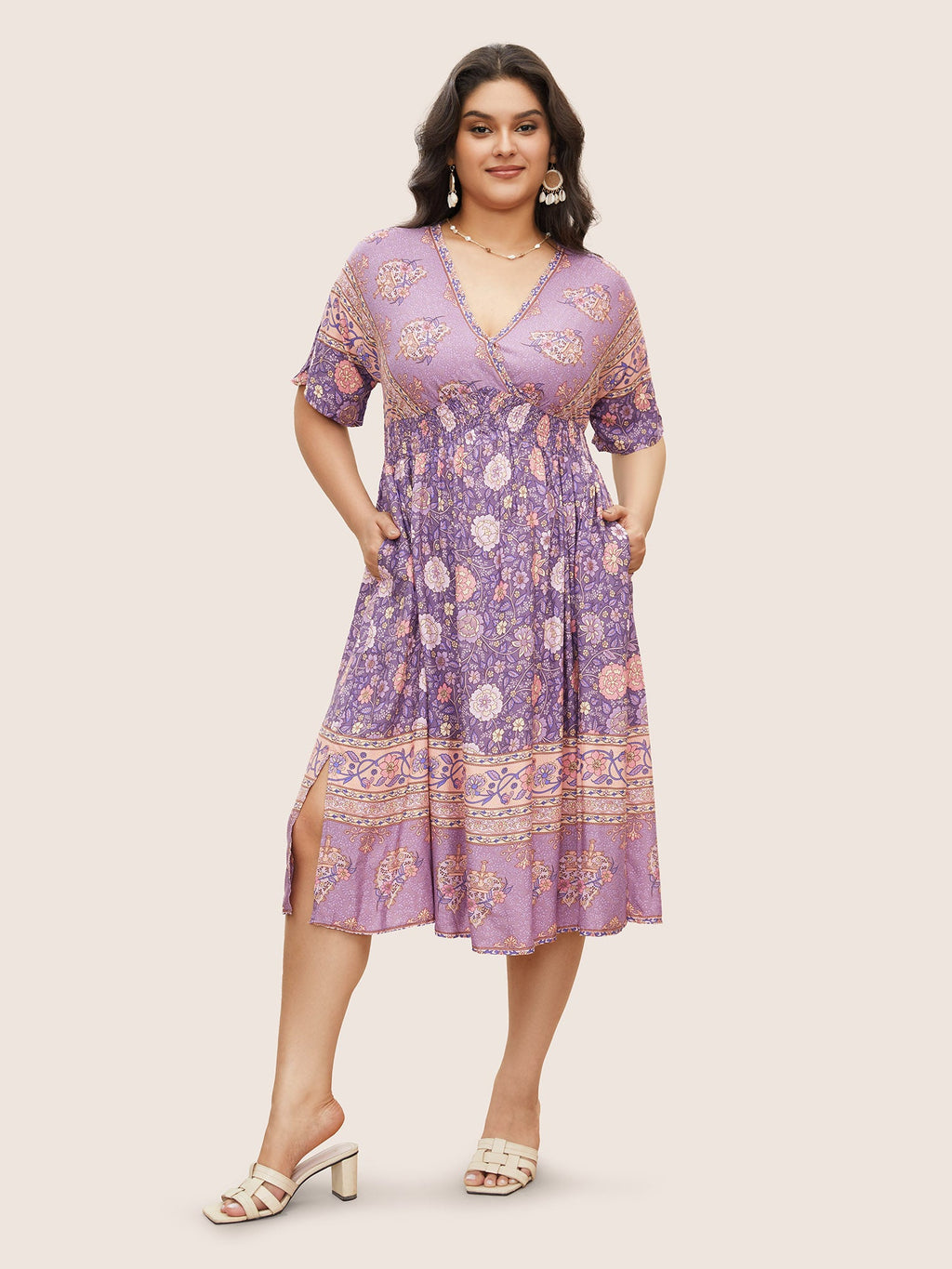 Floral Dolman Sleeve Ruffles Shirred Split Hem Dress