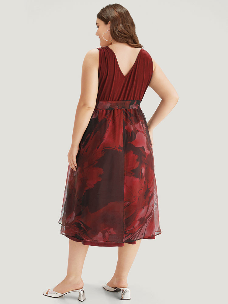Floral Print Belted Patchwork Pocket Tank Dress