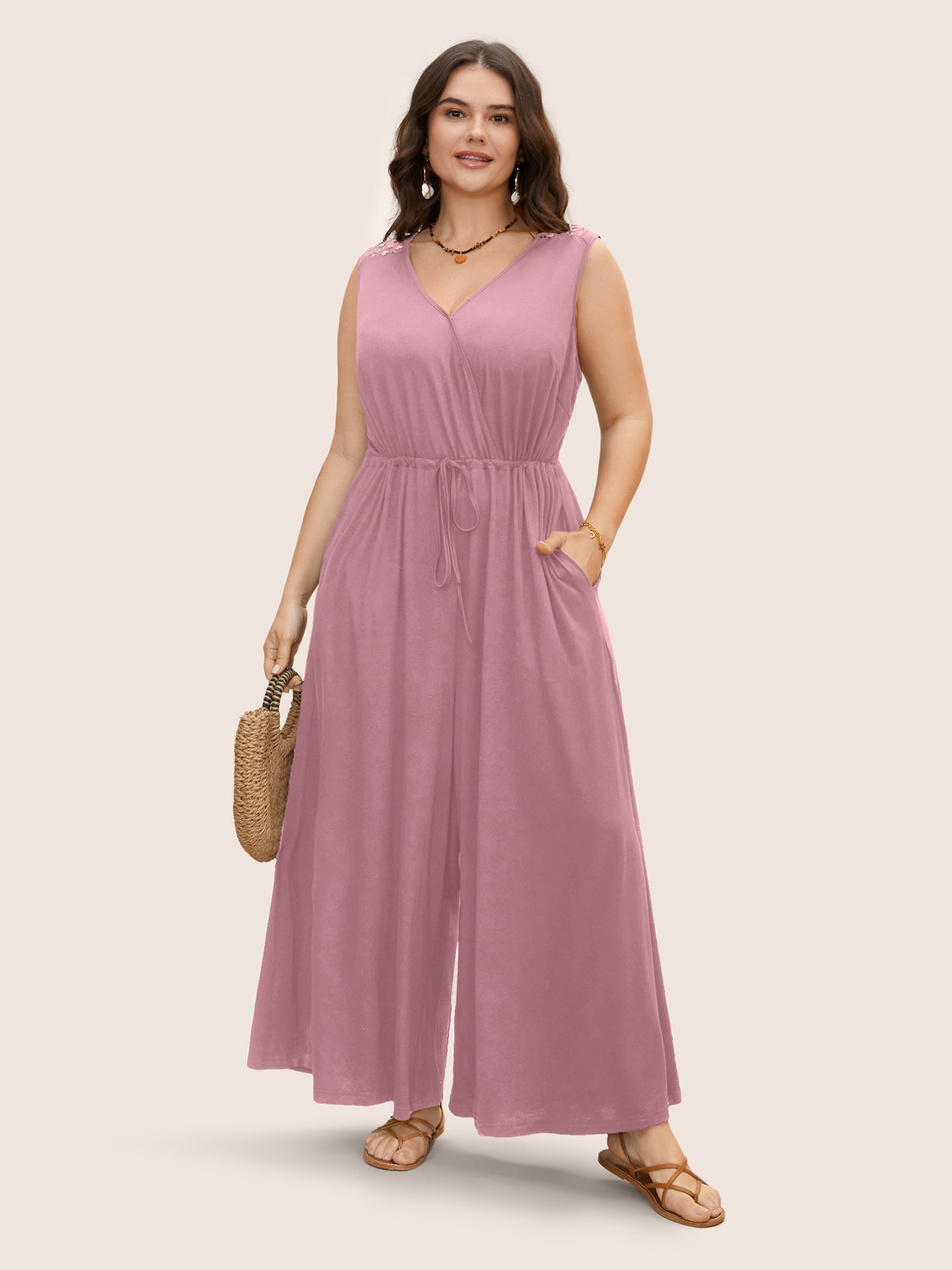 V Neck Crocheted Cut Out Jumpsuit