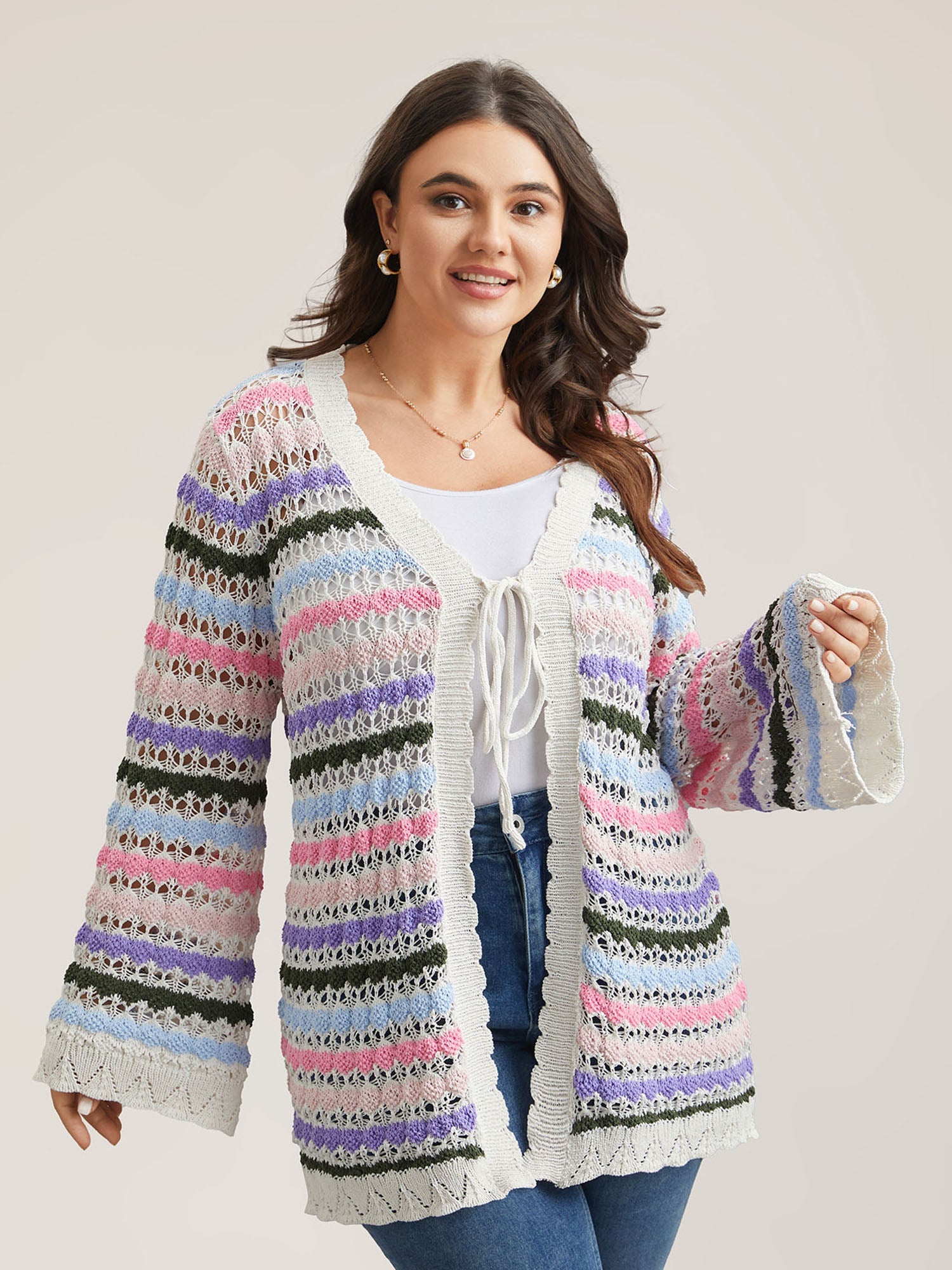 Cut-Out Multi-Color Lace Trim Cardigan