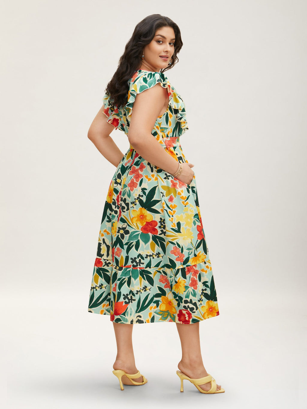Floral Wrap Patchwork Ruffle Cap Sleeve Dress