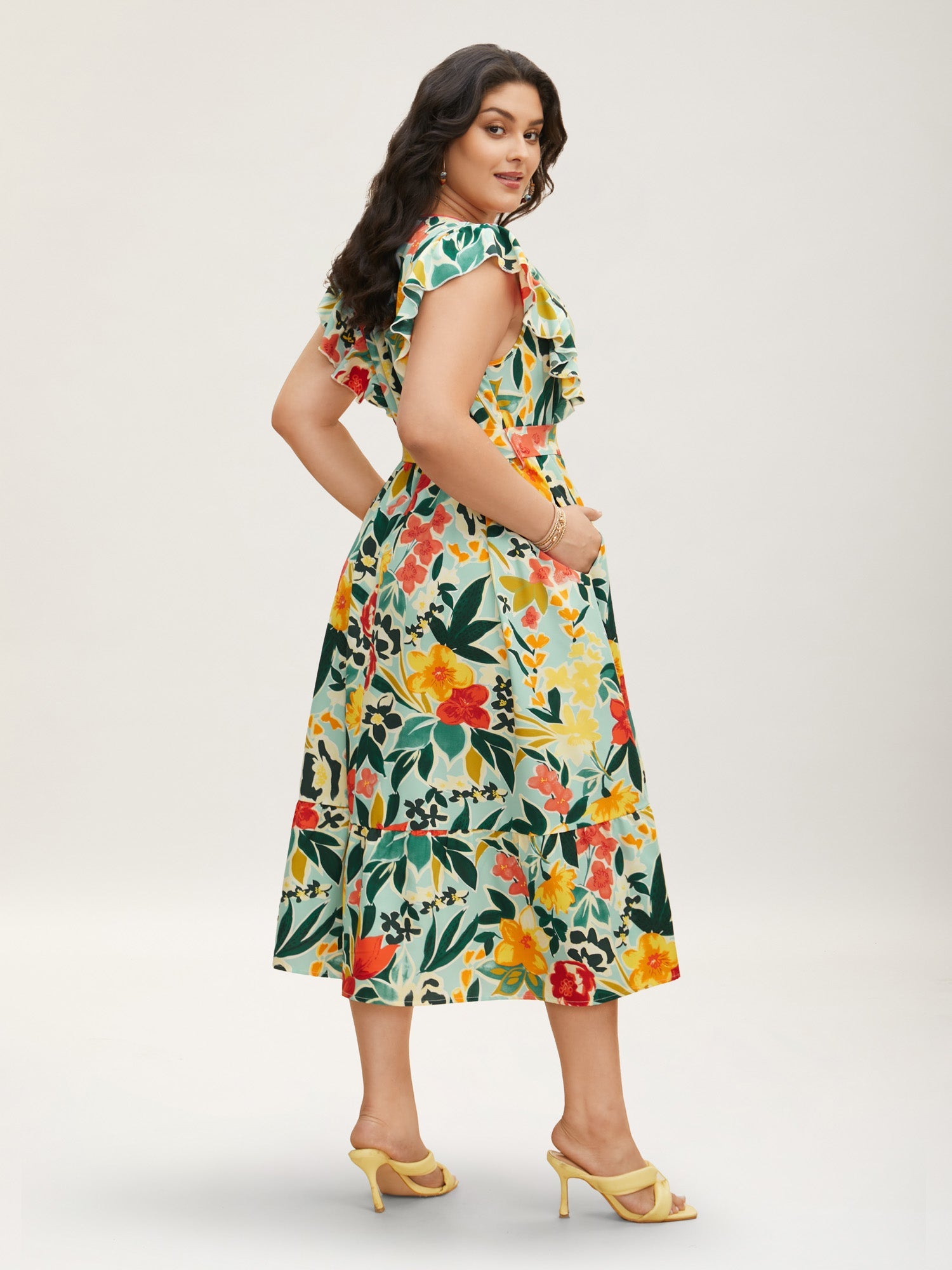 Floral Wrap Patchwork Ruffle Cap Sleeve Dress