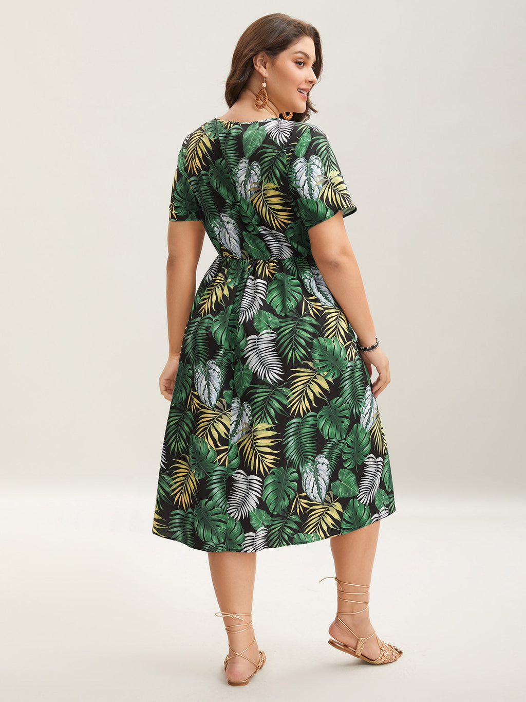 Tropical Escape Print Pockets Tiered Midi Dress
