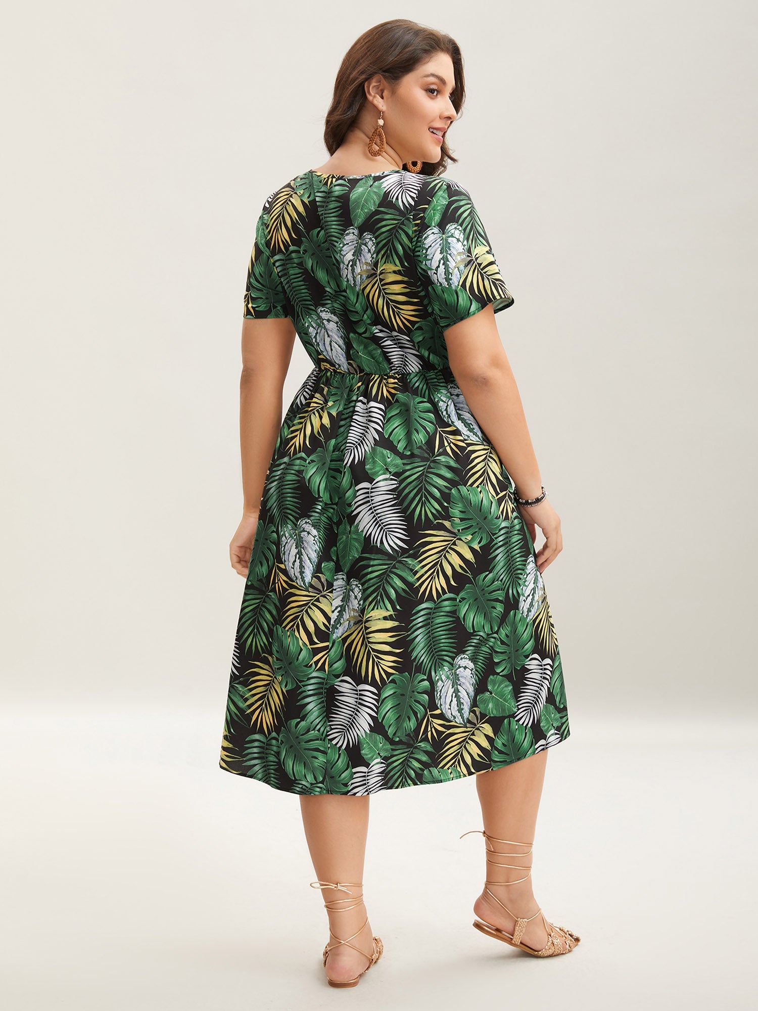 Tropical Escape Print Pockets Tiered Midi Dress
