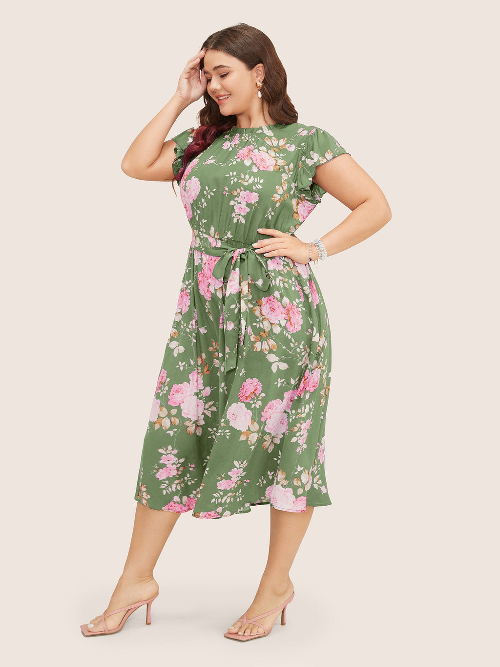Floral Frill Trim Mock Neck Pocket Ruffle Belted Cap Sleeve Dress