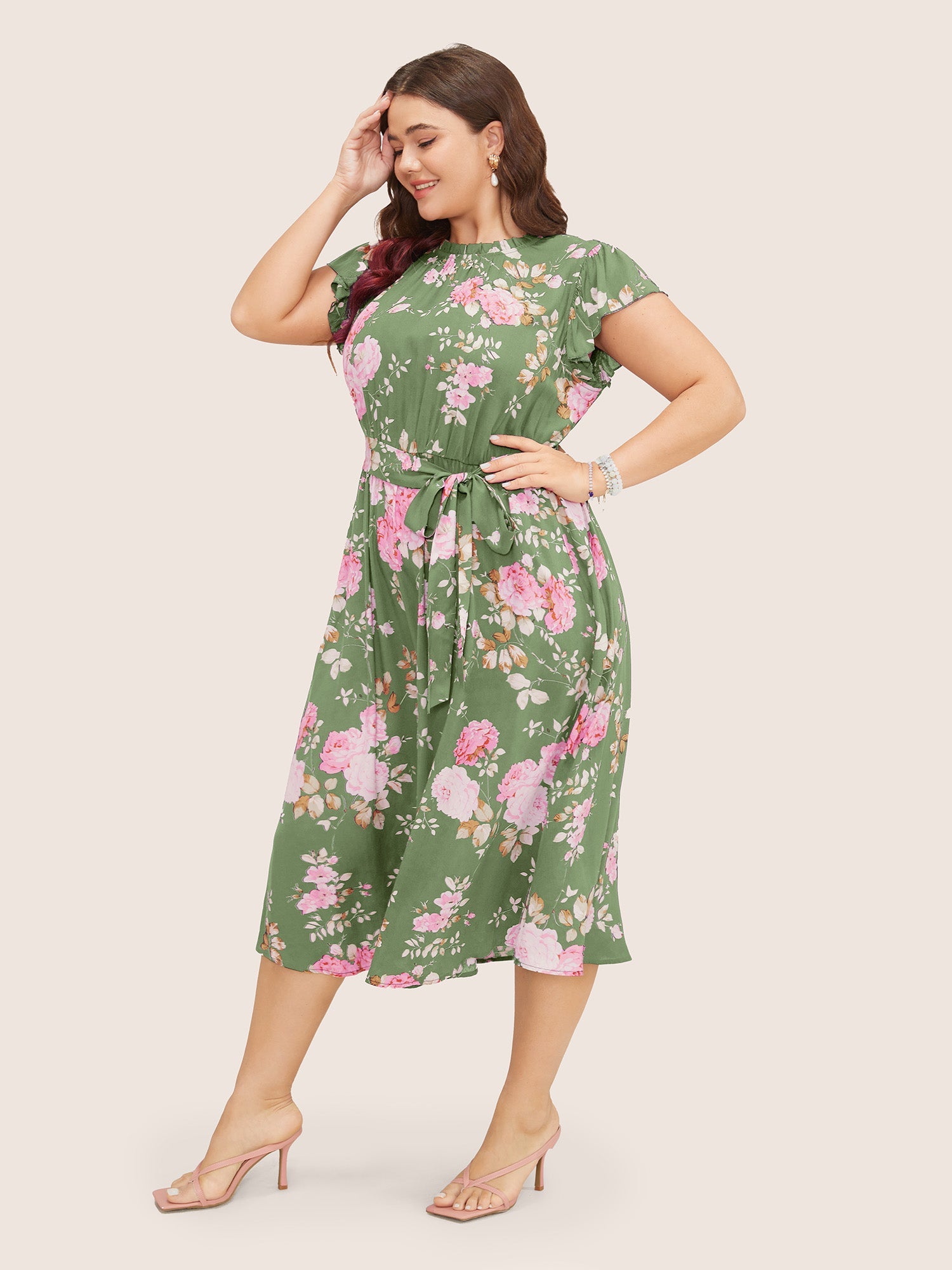 Floral Frill Trim Mock Neck Pocket Ruffle Belted Cap Sleeve Dress