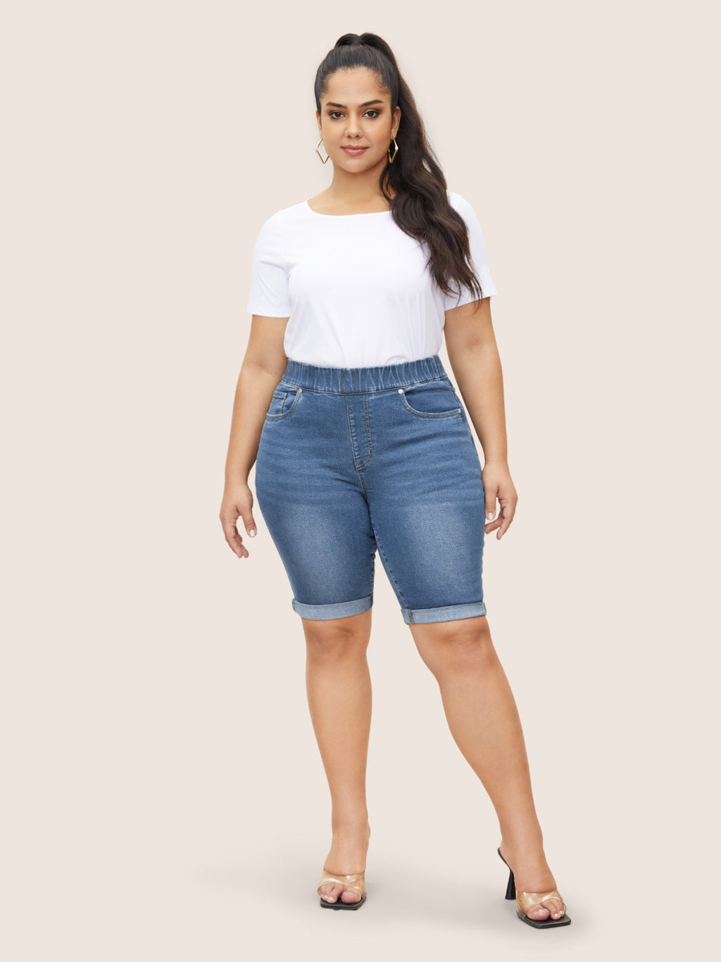 Roll Hem Elastic Waist Dark Wash Denim Shorts