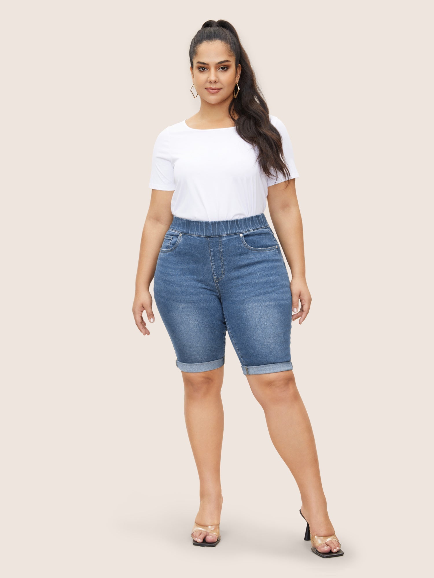 Roll Hem Elastic Waist Dark Wash Denim Shorts