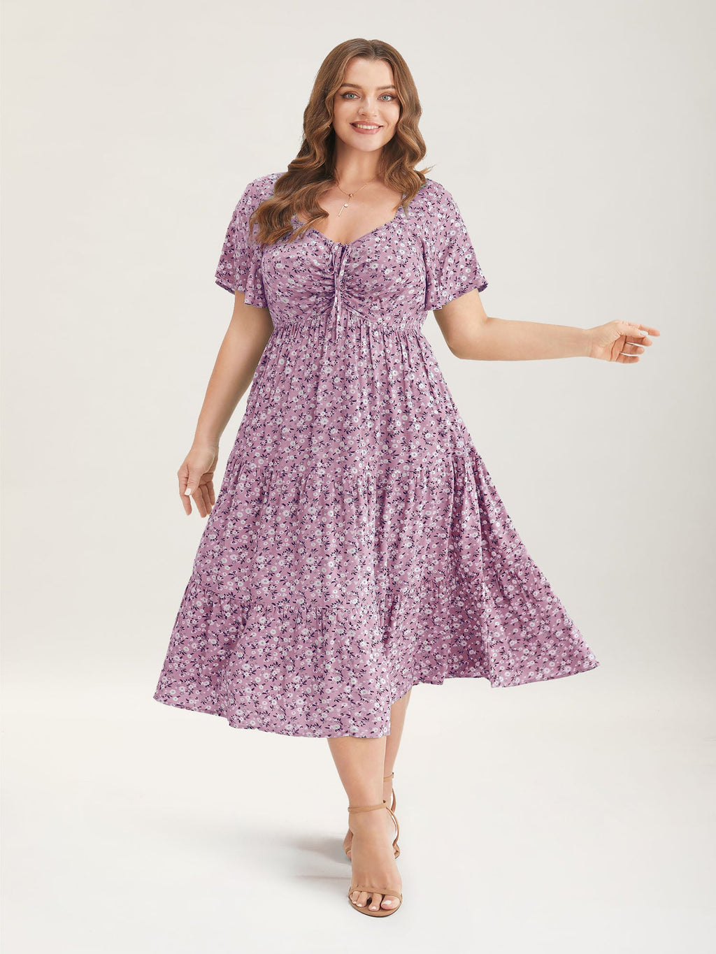 Ditsy Floral Drawstring Ruched Pocket Ruffle Tiered Dress