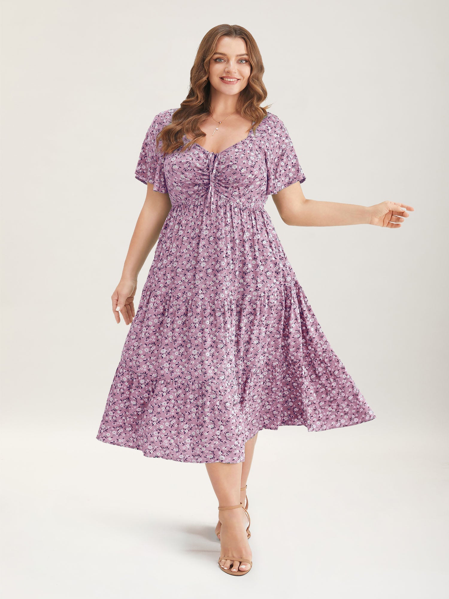 Ditsy Floral Drawstring Ruched Pocket Ruffle Tiered Dress