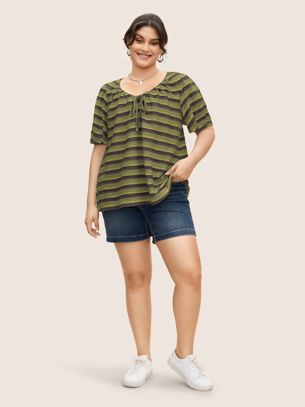 V Neck Textured Striped Tie Knot T-shirt