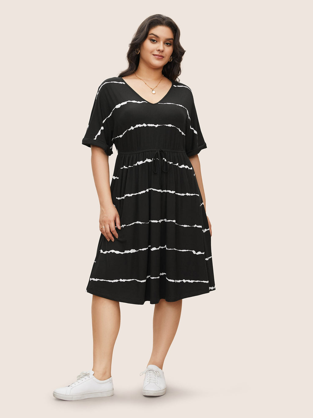 Tie Dye Roll Dolman Sleeve Pocket Gathered Knot Striped Dress