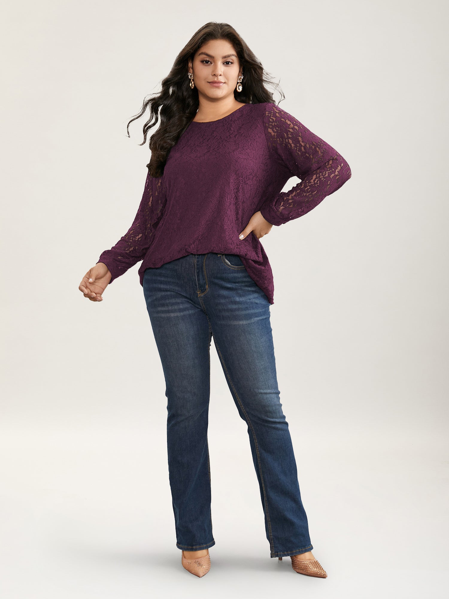 Solid Crochet Lace Mesh Crew Neck Blouse