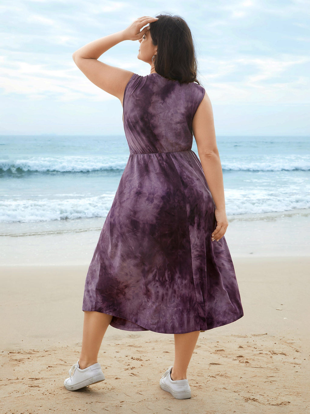 Tie-Dye Surplice Neck Curved Hem Midi Dress