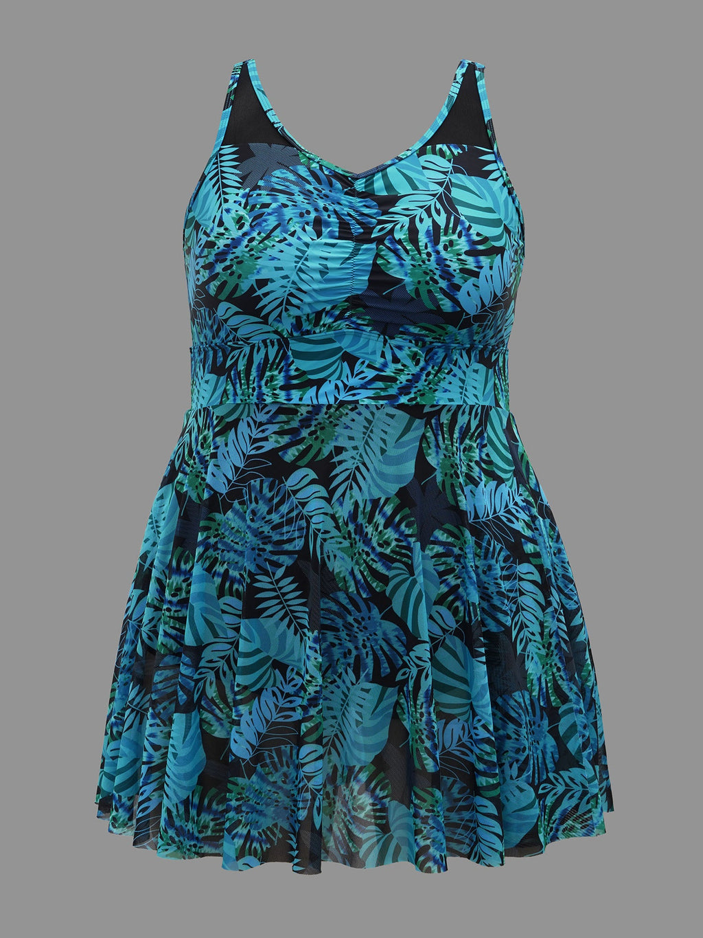 Tropical Print Patchwork Mesh Side Slit Swim Dress
