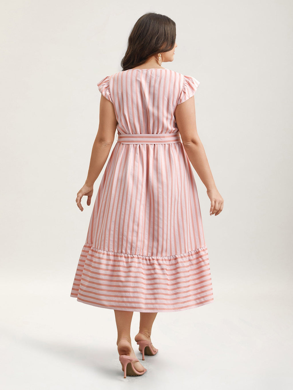 Pastel Stripes Belted Pockets Midi Dress