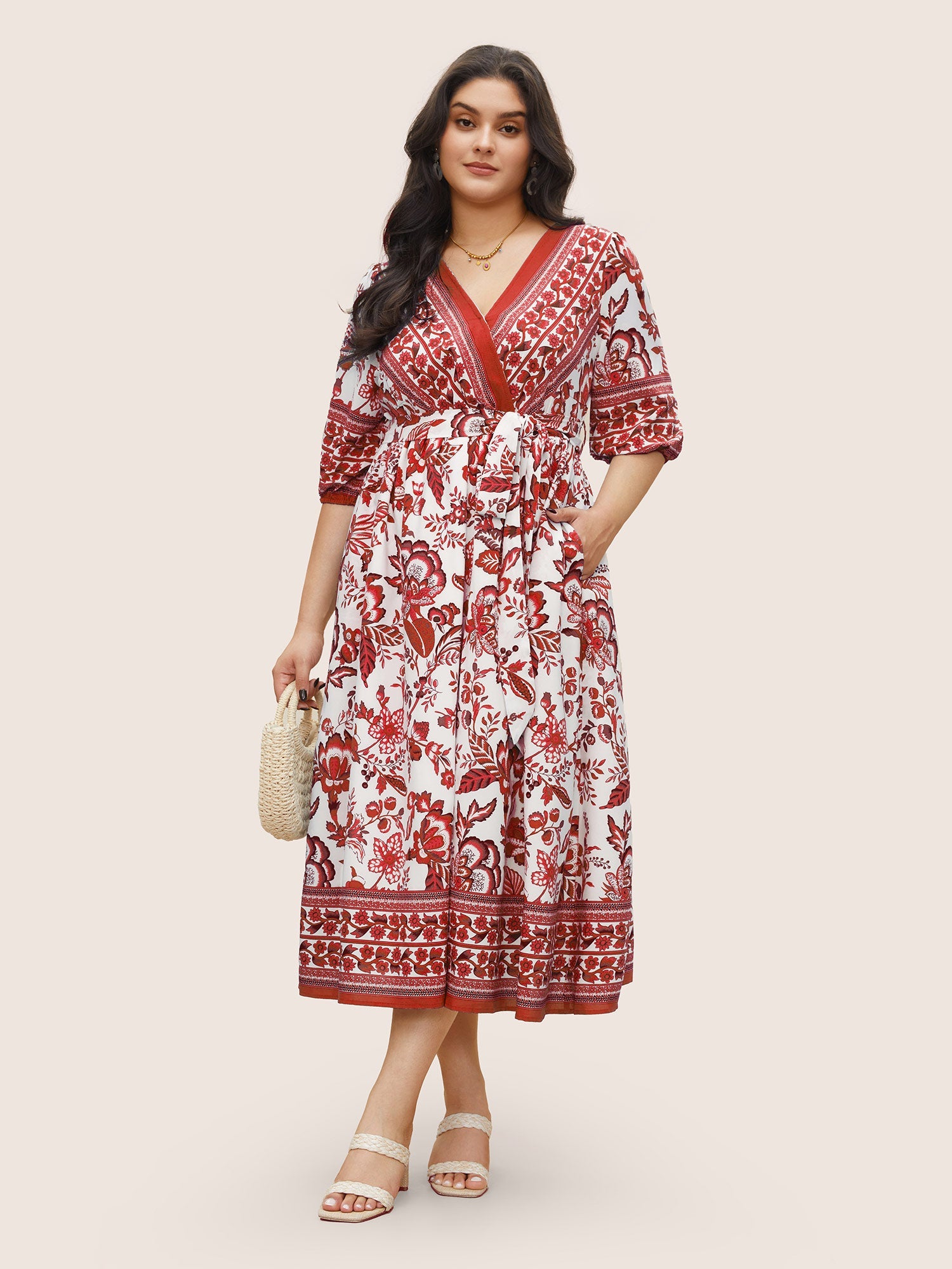 Bandana Print Surplice Neck Lantern Sleeve Pocket Belted Midi Dress