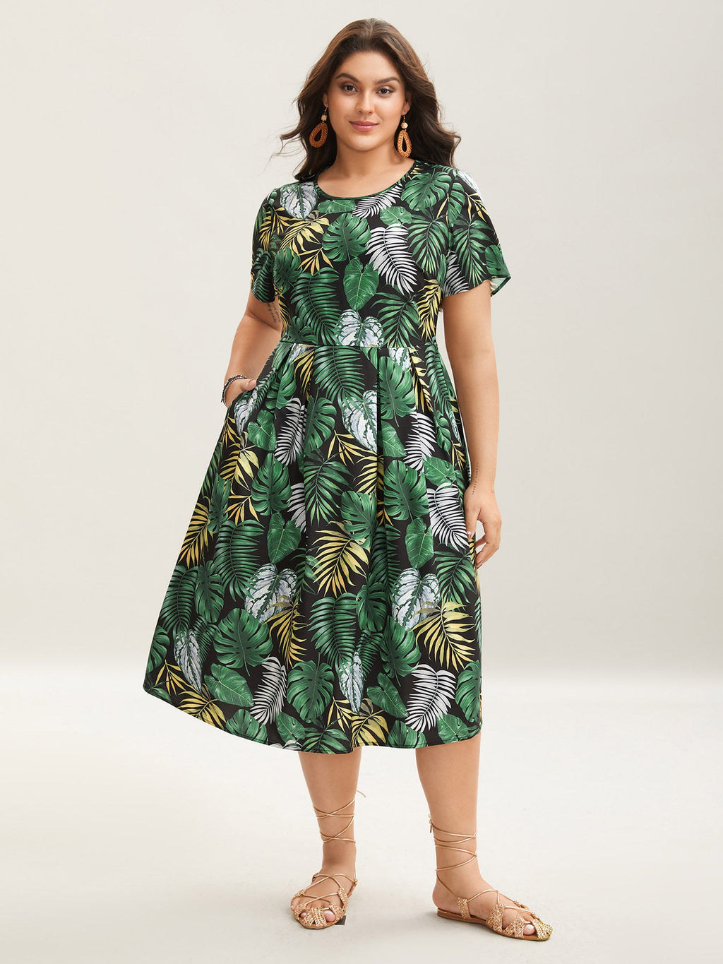 Tropical Escape Print Pockets Tiered Midi Dress
