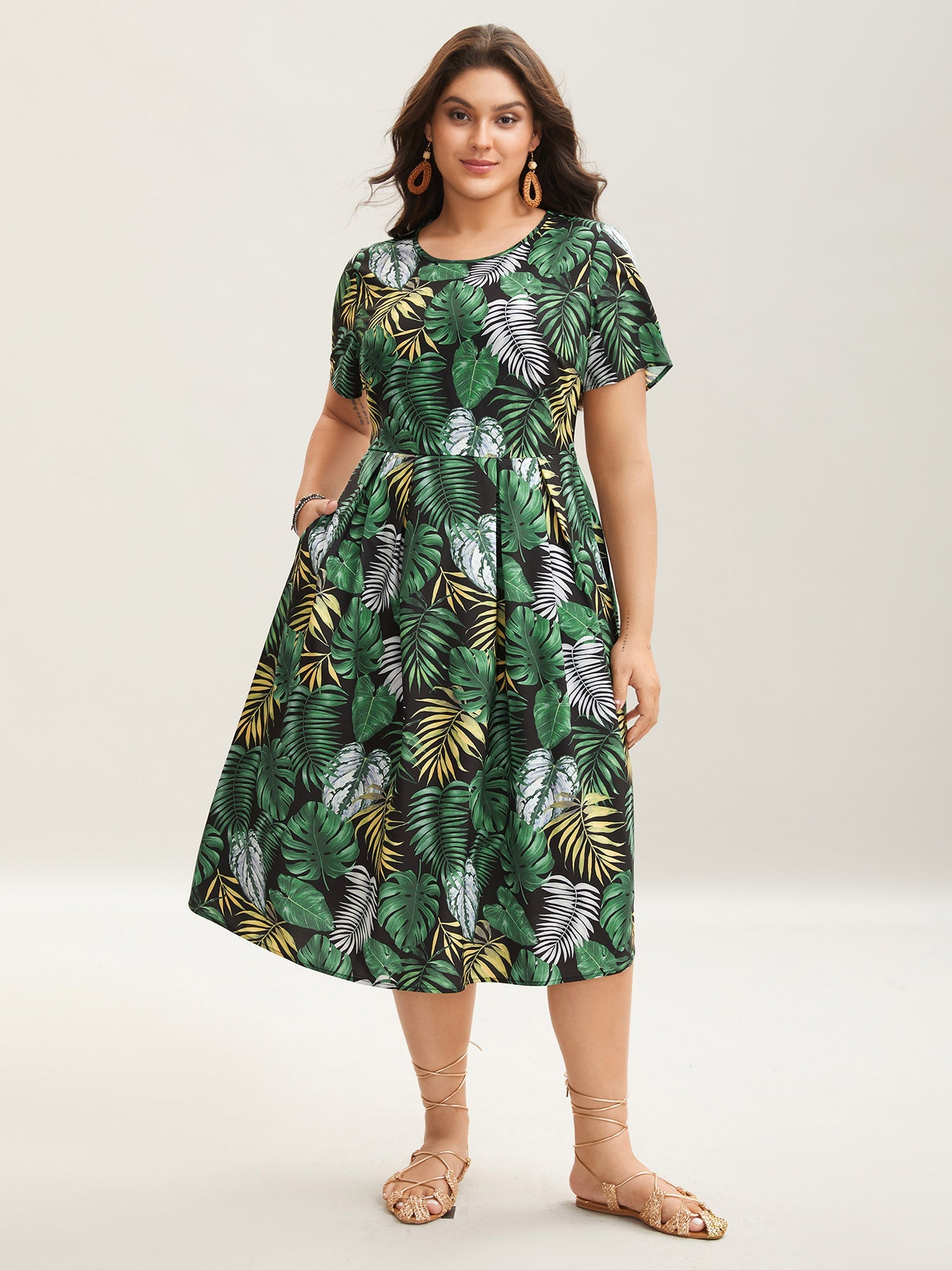 Tropical Escape Print Pockets Tiered Midi Dress