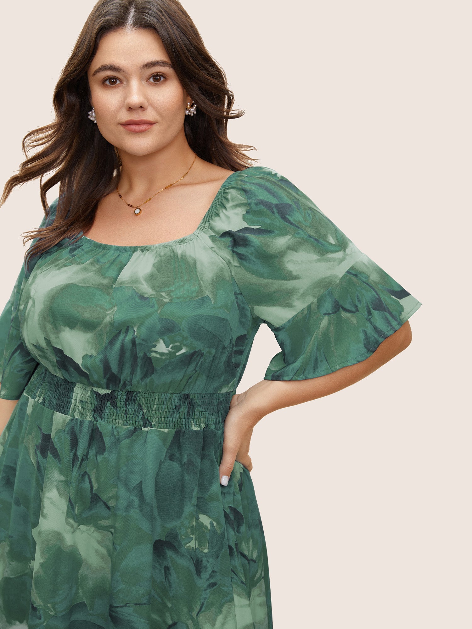 Square Neck Floral Shirred Ruffle Sleeve Dress