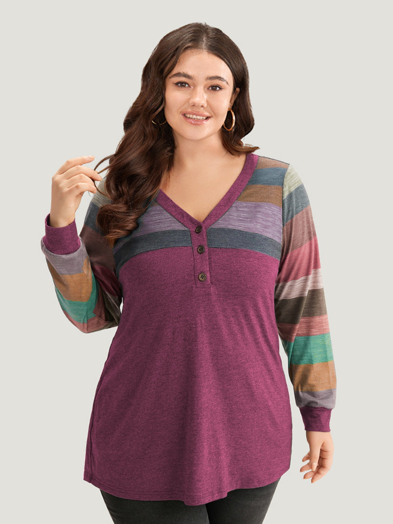 Colorblock Contrast V Neck Button Up T-shirt