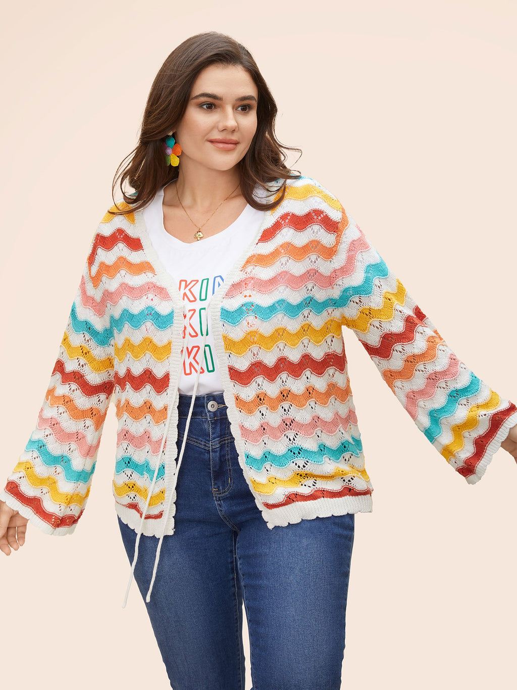 Cotton Rainbow Perforated Front Tie Cardigan