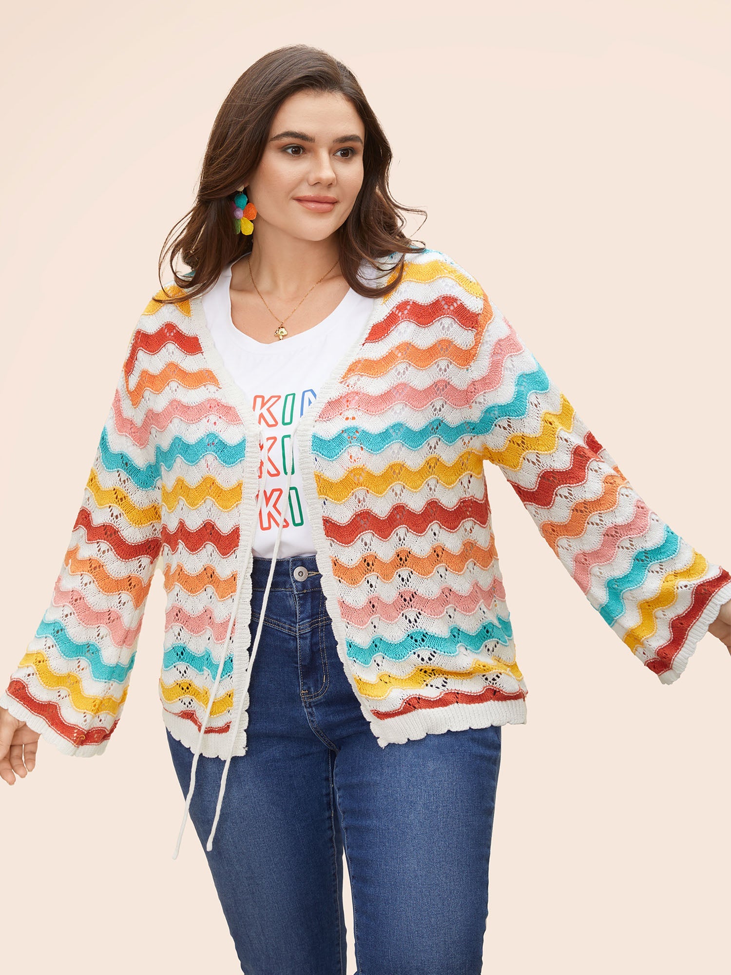 Cotton Rainbow Perforated Front Tie Cardigan